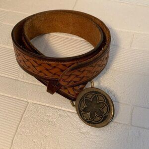 Woven Tan Leather Belt with Decorative Brass Buckle